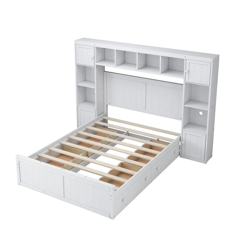 Base de cama con almacenamiento tamaño matrimonial con estantes en la cabecera y cajones