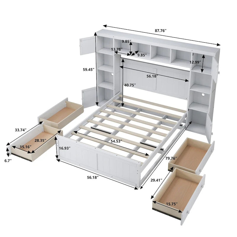 Base de cama con almacenamiento tamaño matrimonial con estantes en la cabecera y cajones