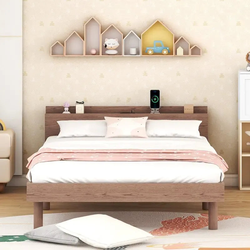 Marco de cama de plataforma doble con cabecero USB