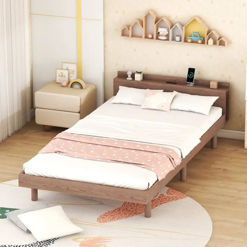 Marco de cama de plataforma doble con cabecero USB