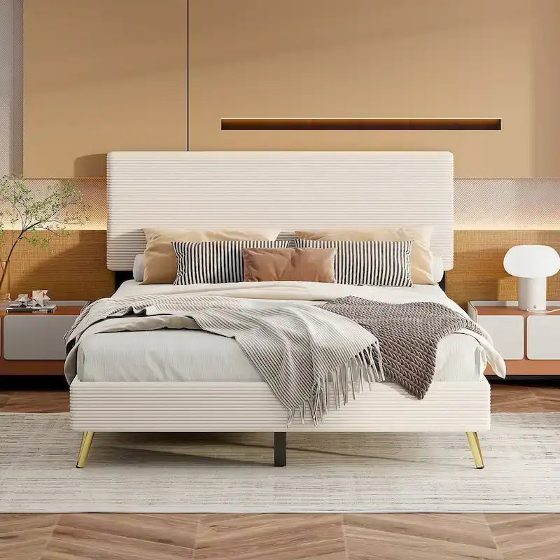 Estructura de cama Queen con cabecero tapizado de pana