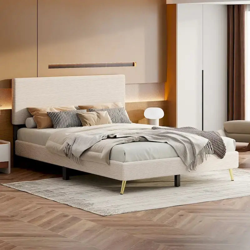 Estructura de cama Queen con cabecero tapizado de pana