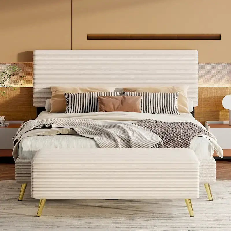 Estructura de cama Queen con cabecero tapizado de pana