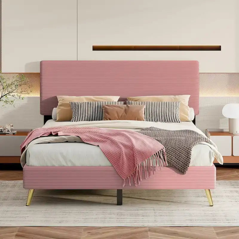 Estructura de cama Queen con cabecero tapizado de pana