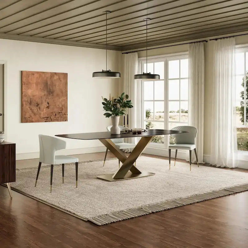 Mesa de comedor rectangular de piedra sinterizada con base de acero geométrica