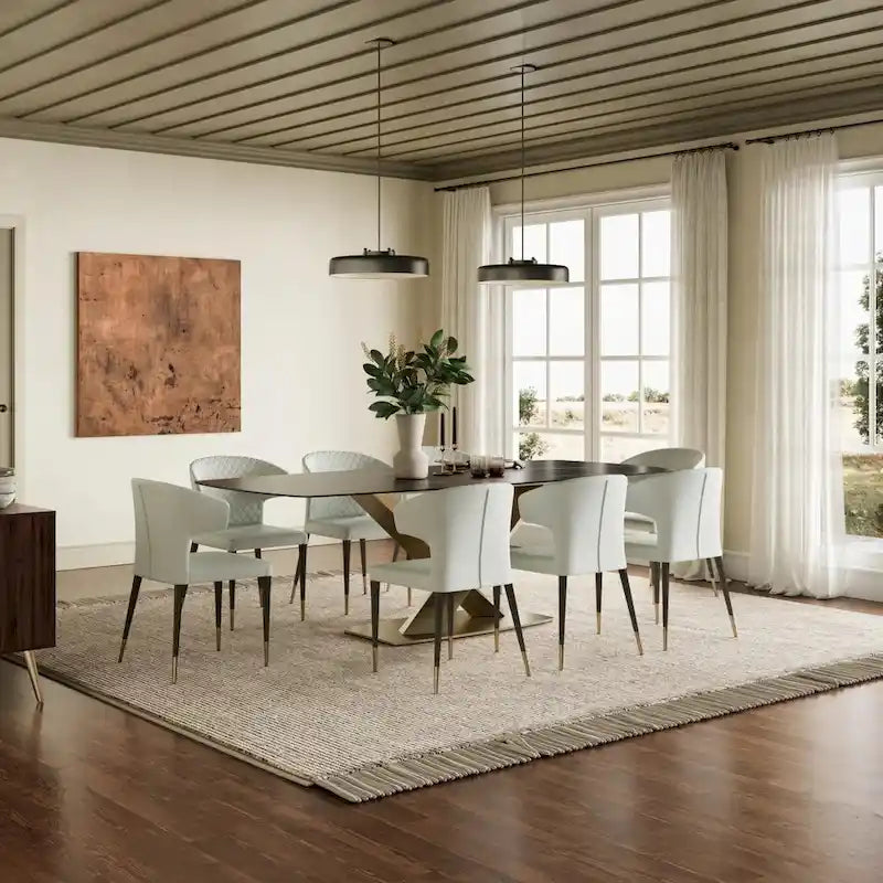 Mesa de comedor rectangular de piedra sinterizada con base de acero geométrica