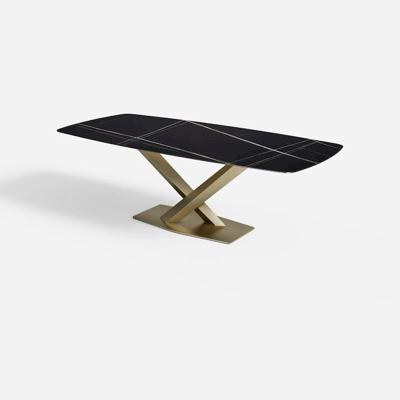 Mesa de comedor rectangular de piedra sinterizada con base de acero geométrica