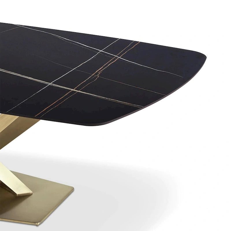 Mesa de comedor rectangular de piedra sinterizada con base de acero geométrica