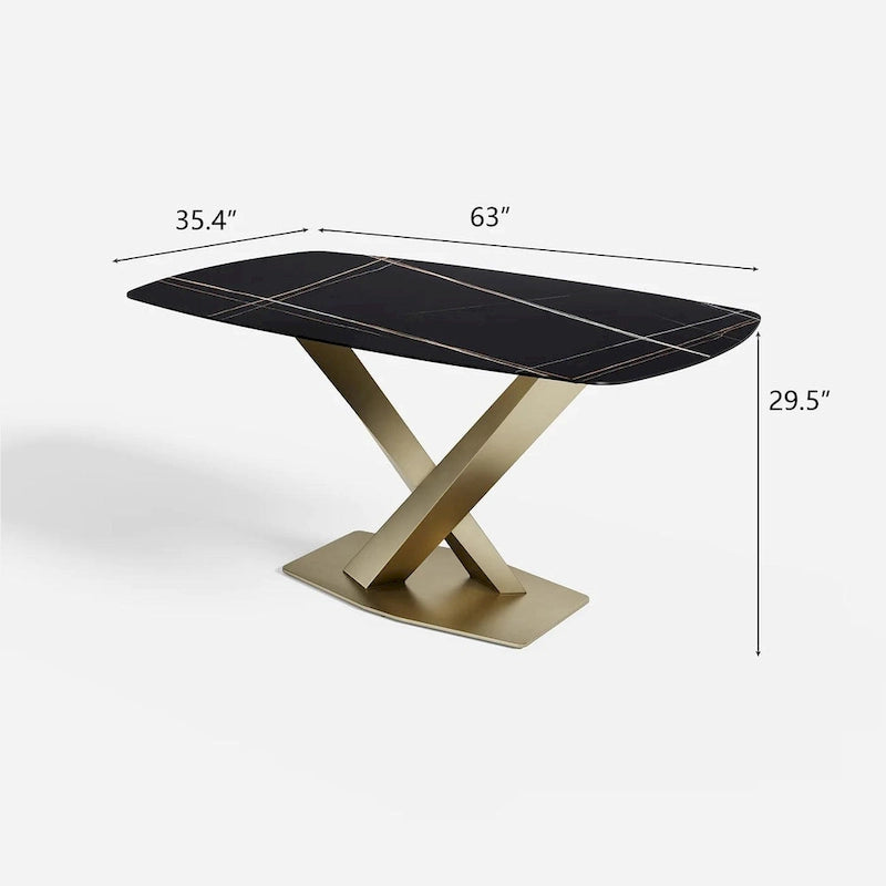 Mesa de comedor rectangular de piedra sinterizada con base de acero geométrica
