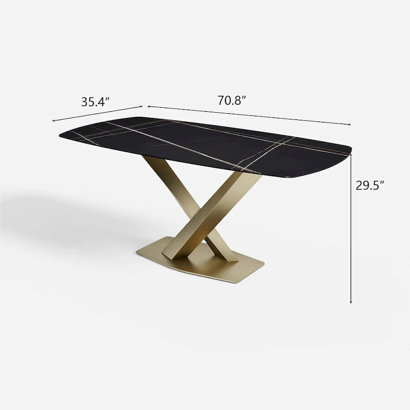 Mesa de comedor rectangular de piedra sinterizada con base de acero geométrica