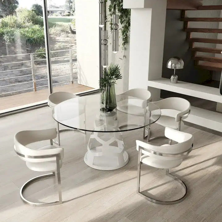 Modrest Lilly Modern 12mm Round Glass & White Dining Table