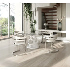 Mesa de comedor redonda moderna de cristal templado con base blanca de alto brillo