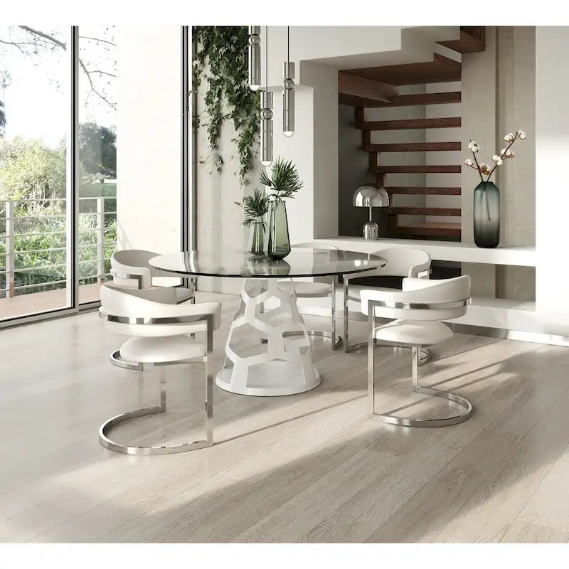 Mesa de comedor redonda moderna de cristal templado con base blanca de alto brillo