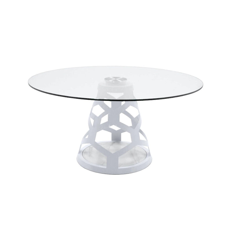 Mesa de comedor redonda moderna de cristal templado con base blanca de alto brillo