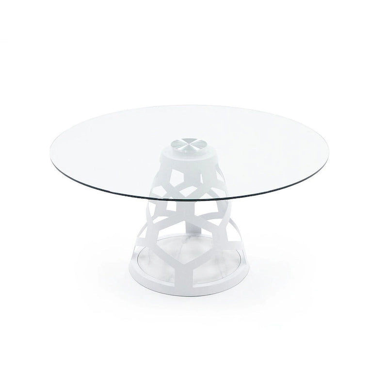 Mesa de comedor redonda moderna de cristal templado con base blanca de alto brillo