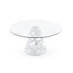 Mesa de comedor redonda moderna de cristal templado con base blanca de alto brillo