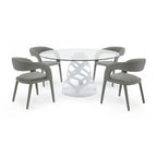 Mesa de comedor redonda moderna de cristal templado con base blanca de alto brillo