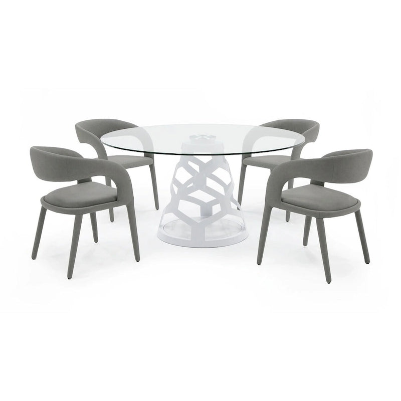 Mesa de comedor redonda moderna de cristal templado con base blanca de alto brillo