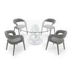 Mesa de comedor redonda moderna de cristal templado con base blanca de alto brillo