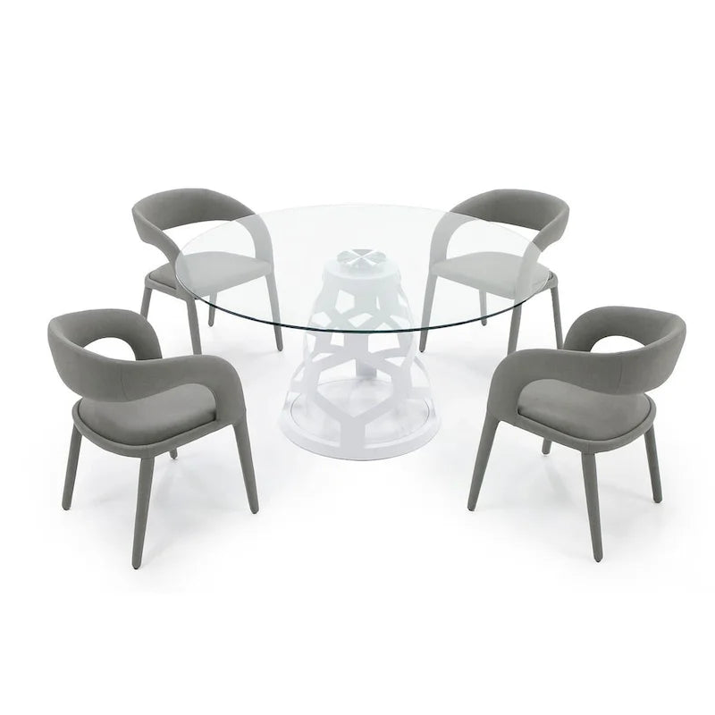 Mesa de comedor redonda moderna de cristal templado con base blanca de alto brillo