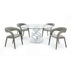Mesa de comedor redonda moderna de cristal templado con base blanca de alto brillo