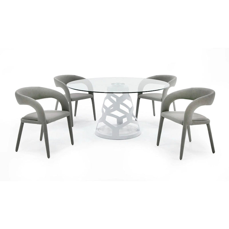 Mesa de comedor redonda moderna de cristal templado con base blanca de alto brillo