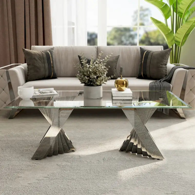Mesa de centro de vidrio templado con base de acero inoxidable en espiral