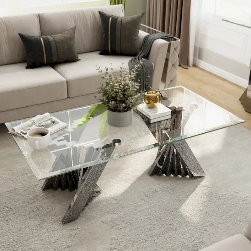 Mesa de centro de vidrio templado con base de acero inoxidable en espiral