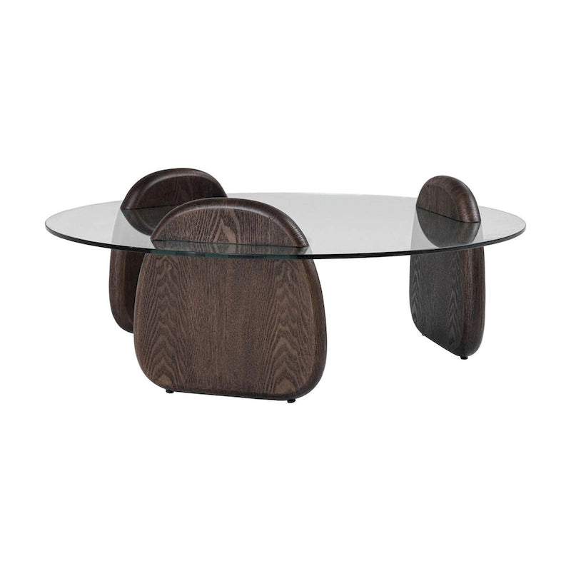 Mesa de centro moderna con tapa de cristal redonda y base de nogal oscuro