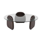 Mesa de centro moderna con tapa de cristal redonda y base de nogal oscuro