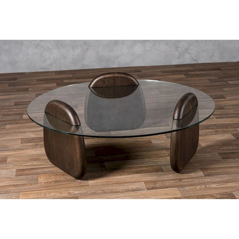 Mesa de centro moderna con tapa de cristal redonda y base de nogal oscuro
