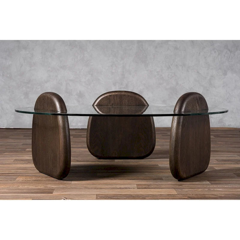 Mesa de centro moderna con tapa de cristal redonda y base de nogal oscuro
