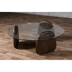 Mesa de centro moderna con tapa de cristal redonda y base de nogal oscuro