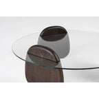 Mesa de centro moderna con tapa de cristal redonda y base de nogal oscuro