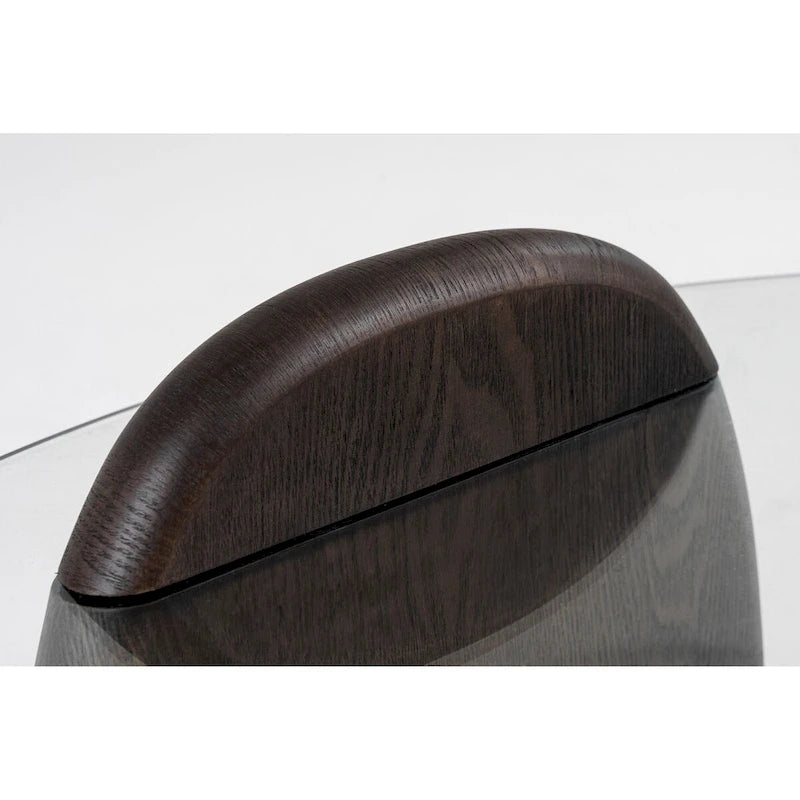 Mesa de centro moderna con tapa de cristal redonda y base de nogal oscuro