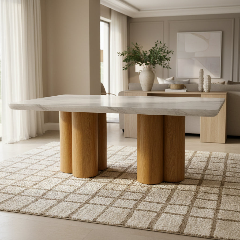 Cid Ziv 71 Inch Dining Table, Rectangular Gray Faux Concrete, Pillar Base