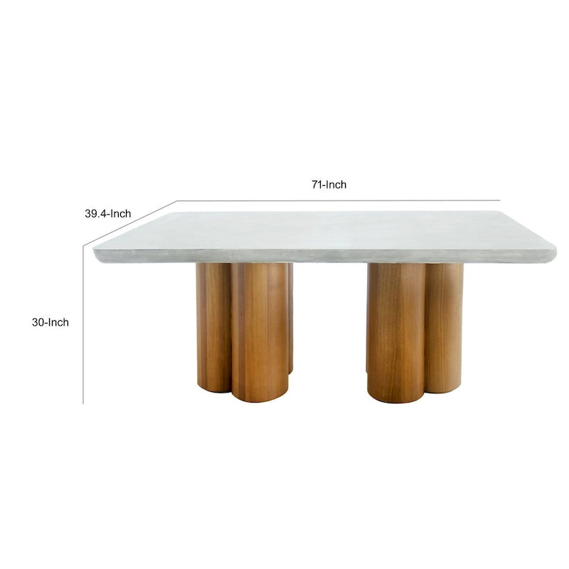 Mesa de comedor rectangular de 71 pulgadas con cubierta de imitación hormigón y base de pilar de madera