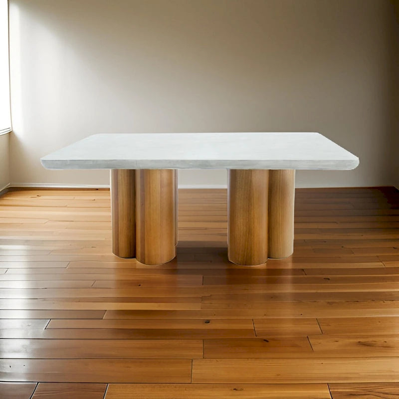 Mesa de comedor rectangular de 71 pulgadas con cubierta de imitación hormigón y base de pilar de madera