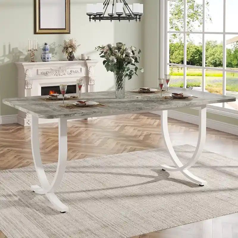 Mesa de comedor rectangular de imitación mármol para 4-6 personas, 160 cm, gris y oro