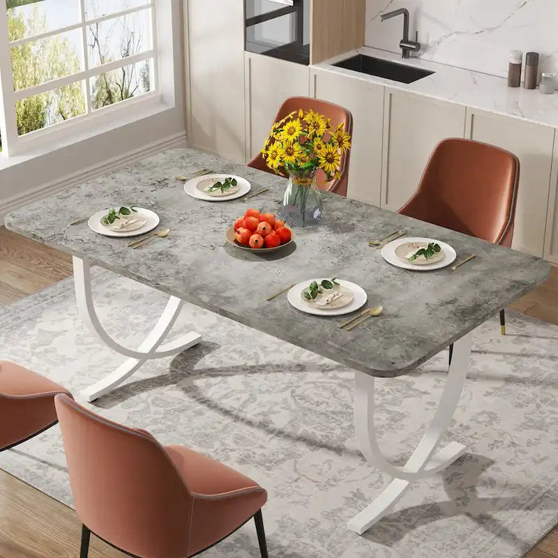 Mesa de comedor rectangular de imitación mármol para 4-6 personas, 160 cm, gris y oro