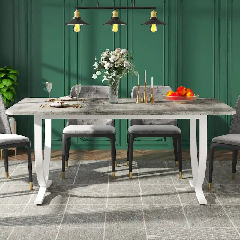 Mesa de comedor rectangular de imitación mármol para 4-6 personas, 160 cm, gris y oro