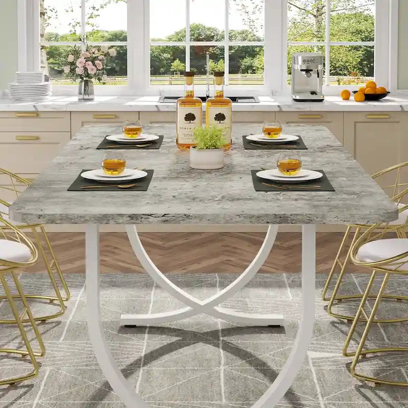 Mesa de comedor rectangular de imitación mármol para 4-6 personas, 160 cm, gris y oro