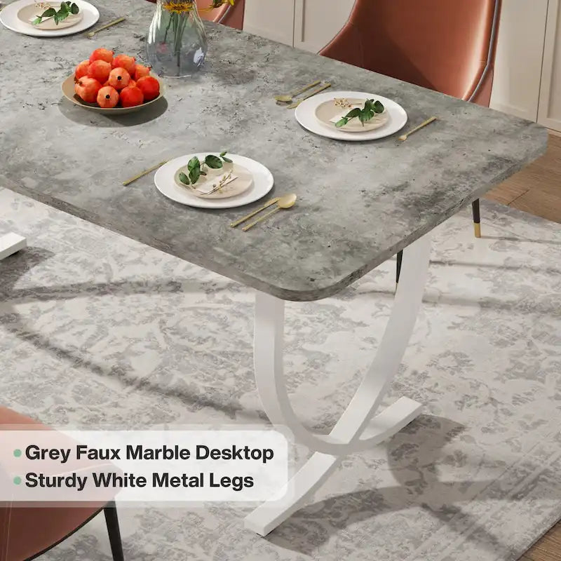 Mesa de comedor rectangular de imitación mármol para 4-6 personas, 160 cm, gris y oro